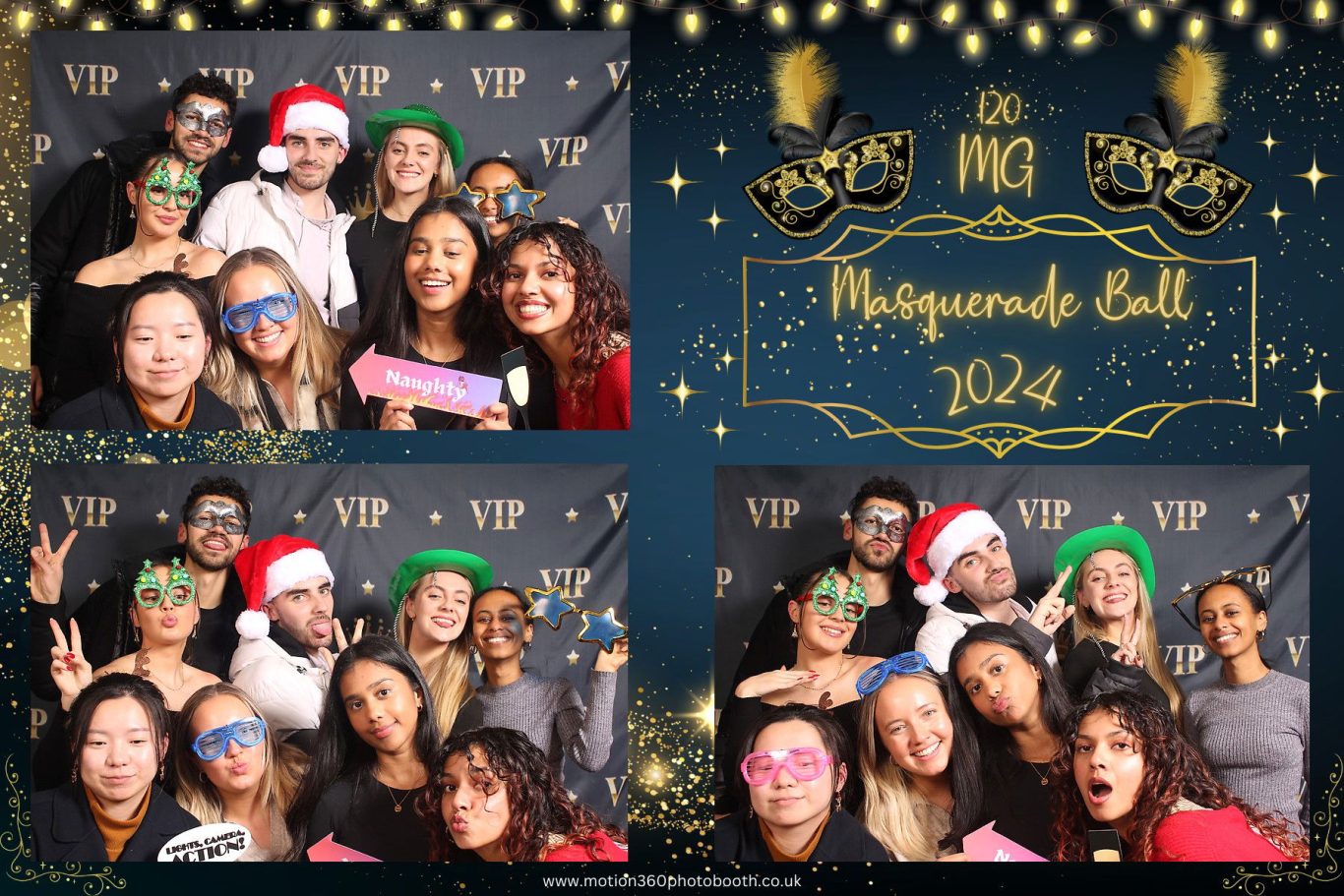 Group of friends posing playfully at a festive party with hats and props.